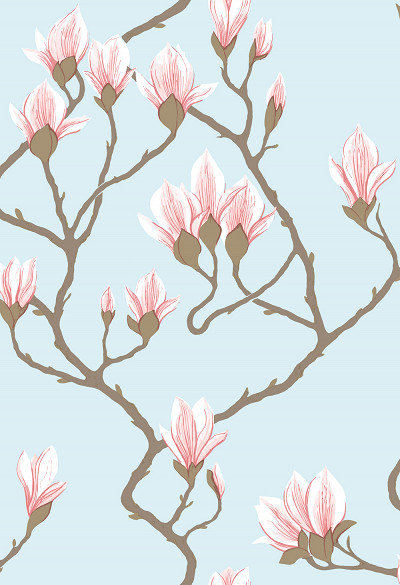  trail with blossoming pink flowers on an elegant light blue background.